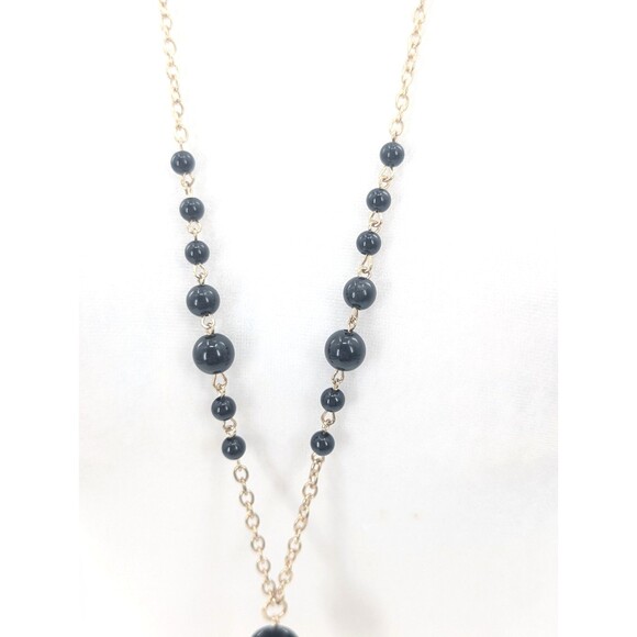 Gold Tone Tassel Black Beads Fringe Long Chain Tassel Vtg Statement Necklace - Picture 3 of 6